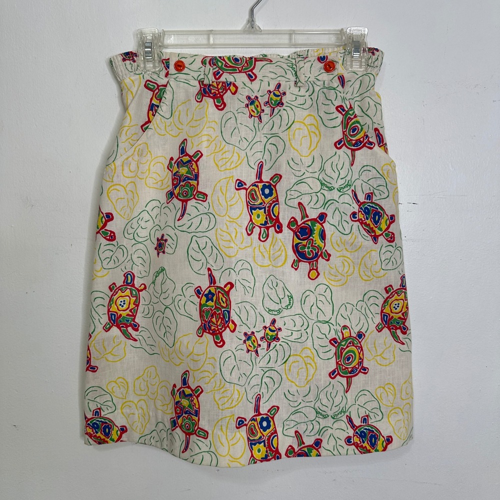 David Smith Vintage Turtle Print Knee Length Skirt 6 White Colorful READ